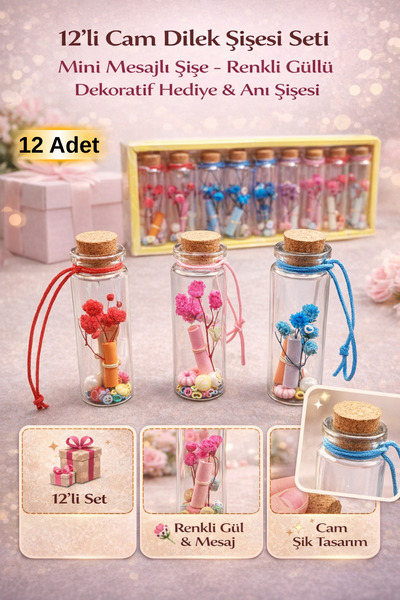 Tamsena Store 12’li Cam Dilek Şişesi Seti Mini Mesajlı Şişe – Renkli Güllü De...