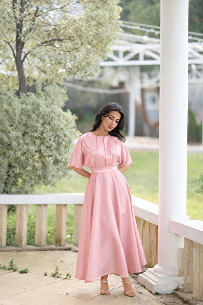 KADNER KADIN PUDRA PEMBE KLOŞ MİDİ BOY LARA ABİYE ELBİSE