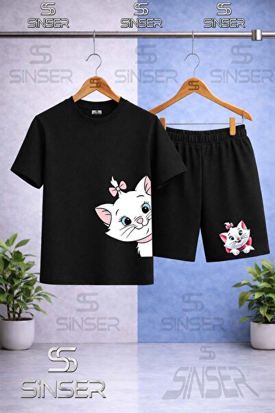 SS SİNSER Children's Cat Head with Ribbons Printed Crew Neck T-Shirt - Shorts...