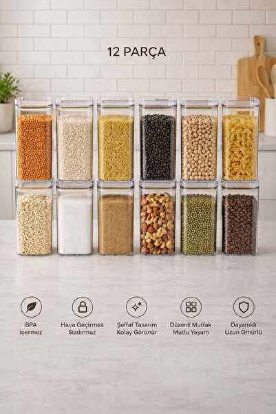 evolis kitchen Etiketli 12'li Akrilik Vakumlu Kare Baharatlık Seti 350 ml Sız...