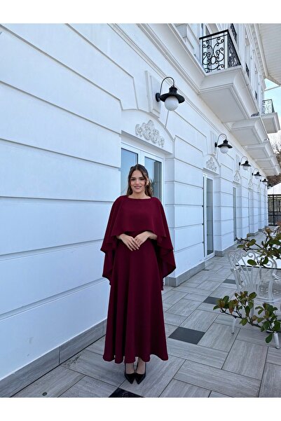 ASLIHANGÜNER Kadın Pelerin Detaylı Bordo Krep Abiye Mira Elbise Mezuniyet ve ...