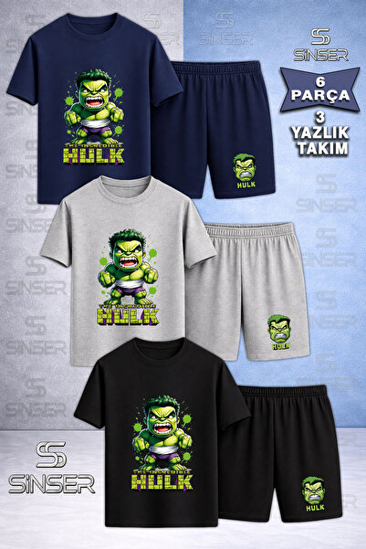 SS SİNSER Children's Hulk Angry Wall Writing Pattern Printed Crew Neck 3-Piec...