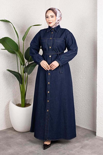 MİSSKAYLE Τζιν φόρεμα με γιακά πουκάμισου και ζώνη – Μακρύ τζιν μοντέλο χιτζά...