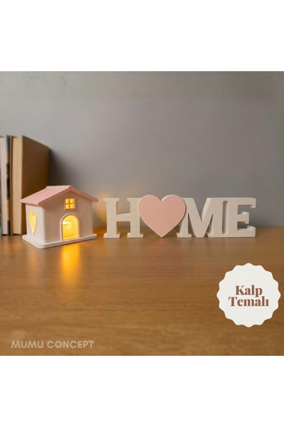 Mumu Dekoratif Işıklı Kalpli Home Yazısı ve Mini Ev Biblo Seti - Led Mumlu Hediyelik Biblo Obje - Pembe