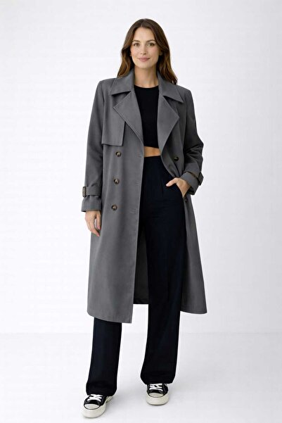 PENGORA Γυναικεία μακριά καμπαρντίνα με ζώνη και κουμπιά, αδιάβροχη και αντια...