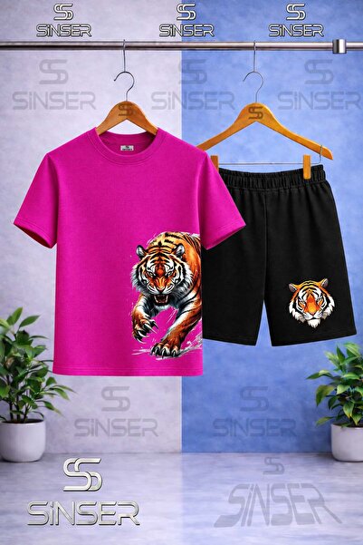 SS SİNSER Children's Tiger Side Paw Printed Crew Neck T-Shirt - Shorts Set