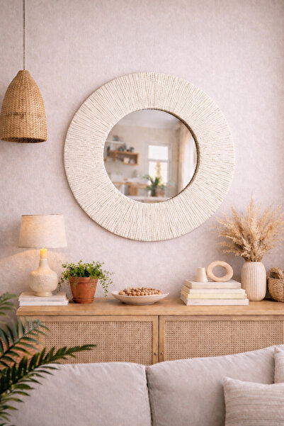 BOHEM 50cm Ekru Yuvarlak Dekoratif Ayna – Şık Duvar Aynası (Salon & Antre İçin)
