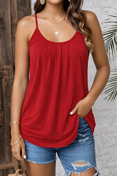 subr Women's Rope Strap Round Neck Pleated Long Viscose Blouse