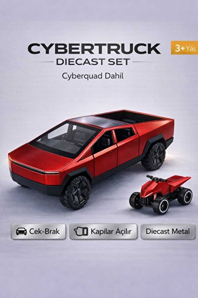 Oyunsal Diecast Metal Model Araç Tesla Cybertruck + Cyberquad Set 12 cm Çek B...