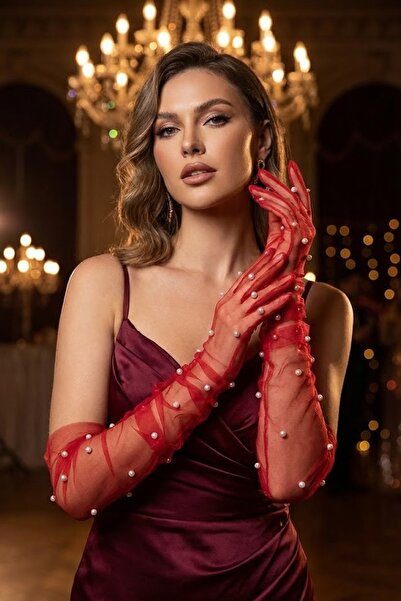 Hobigram Noctyra Pearl Mesh Couture Κόκκινα Γάντια – Πολυτελές Αξεσουάρ για Ε...