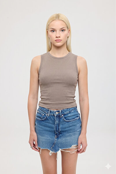 SHEISMONO Ultra Soft Round Neck Sleeveless Blouse Mink