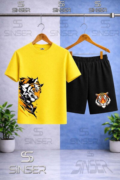 SS SİNSER Children's Tiger Face Printed Crew Neck T-Shirt - Shorts Set