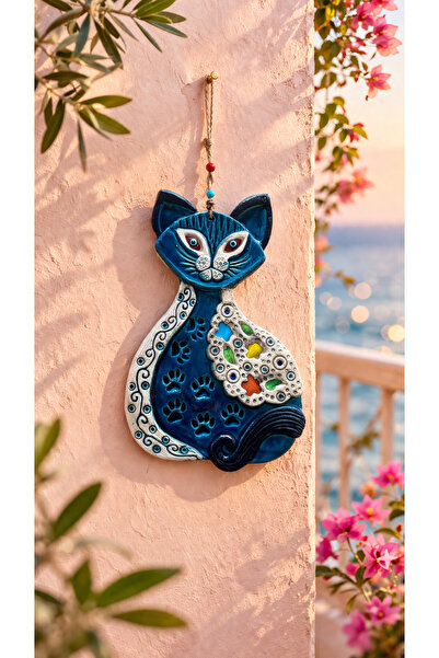 Marena Home Seramik Kedi Duvar Süsü Büyük Boy 34x22 cm, Bohem Dekoratif Duvar...