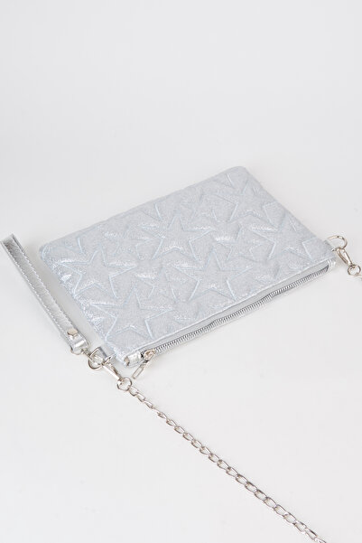 Vivaq Kadın Gümüş Simli Yıldız Nakışlı Suni Deri Bilek Ve Zincir Askılı Portföy El Ve Clutch Çanta