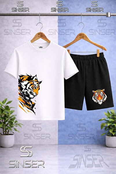 SS SİNSER Children's Tiger Face Printed Crew Neck T-Shirt - Shorts Set