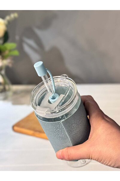 şirineşyalarım Kapaklı Cam Pipetli Lale Kupa 370 ML - Mavi