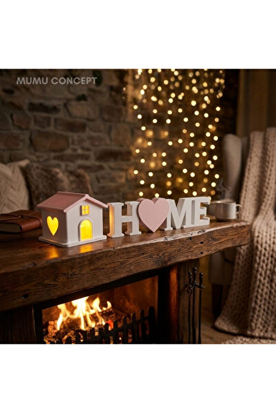 Mumu Dekoratif Işıklı Kalpli Home Yazısı ve Mini Ev Biblo Seti - Led Mumlu He...
