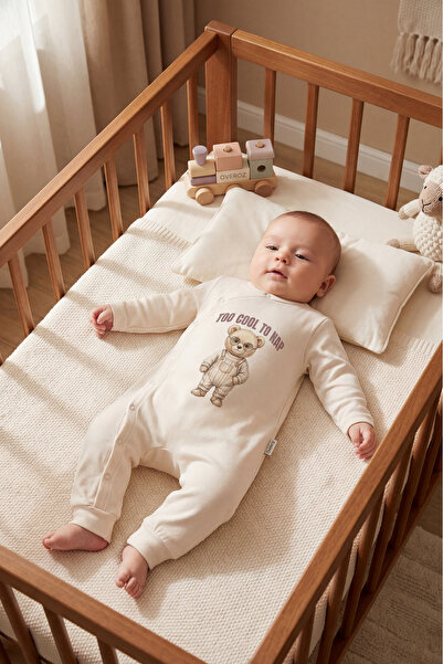Overoz Baby Boy Jumpsuit Without Booties Teddy Bear Printed Snap Fastener Ecr...