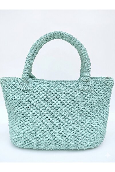 DERYASSHANDMADE El Örmesi Kağıt İp El Çantası - Mint Yeşili Pastel Tasarım