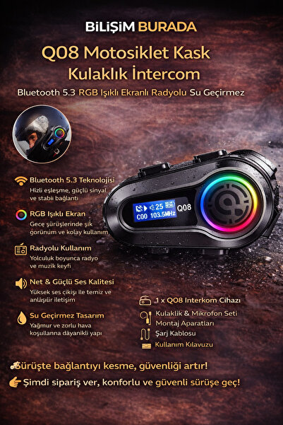 kruxon Q08 Motosiklet Kask Interkom Bluetooth 5.3 RGB Işıklı Ekranlı Radyolu ...