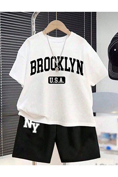 Topçu Brooklyn baskılı şortlu takım alt üst takım