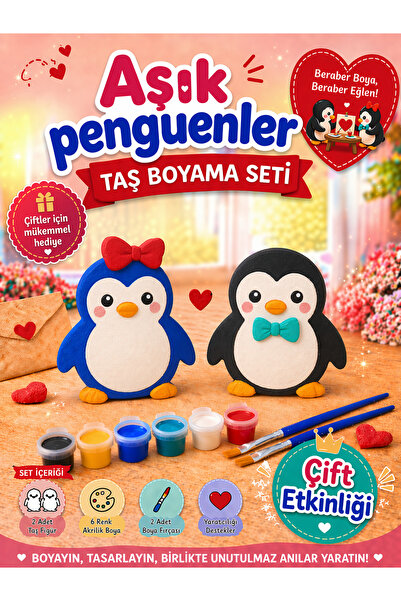 Atölye yüksel Aşık Penguenler Taş Boyama Seti = 2 Adet Taş Penguen + 6 Renk B...