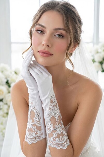 Hobigram Silvera Lace Satin Gelin Eldiveni – Dantel Detaylı Full Parmak Zarif Lüks Tasarım