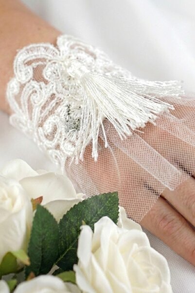 Hobigram Γάντια καρπού από λευκό τούλι με δαντέλα Tasselya – Αξεσουάρ για νύφ...