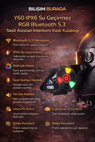 kruxon Y60 Motosiklet Kask Interkom Bluetooth 5.3 RGB Işıklı IPX6 Su Geçirmez...