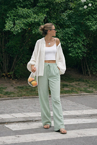 The Cotton Kadın, Mint Yeşili %100 Pamuk Müslin dokuma Relaxed Straight Pantolon