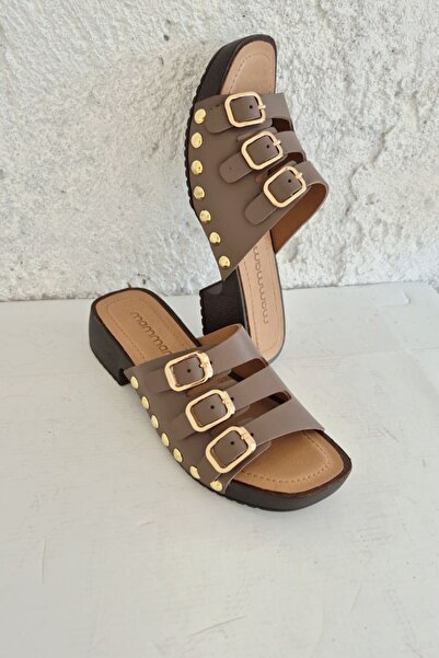 Mammamia 1950 Παντόφλες με χοντρό τακούνι από γνήσιο δέρμα με τρεις λωρίδες κ...