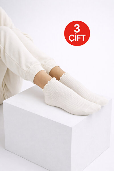 Onouqo 3 Pairs of Women's Ecru Ruffled Booties Socks - Soft Cotton & Daily Use