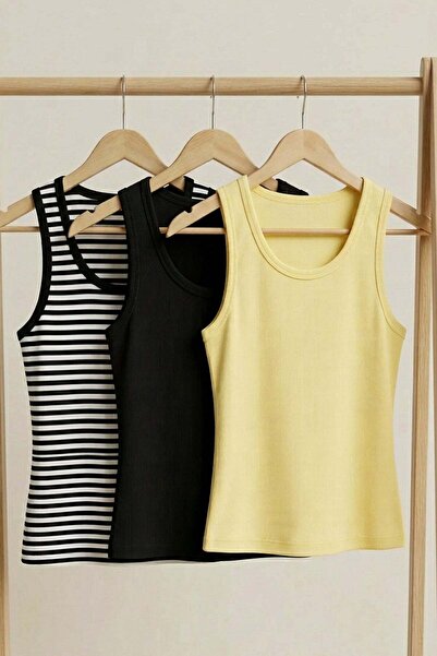 COTENCONCEPT 3 Pieces of Ribbed Fitted Viscose Blended Strappy T-Shirt