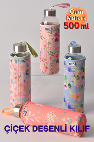 H2O Çiçek Desenli Kılıflı Cam Matara 500 ml - Spor, Okul, Ofis ve Günlük Kull...