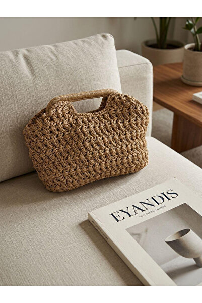 eyandis Γυναικεία τσάντα χειρός με ψάθινη πλέξη και λεπτομέρεια μακραμέ, καλο...