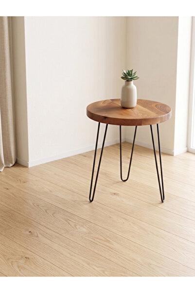 Pera-Home UK Masif Ceviz Oval Yan Sehpa - Firkete Metal Ayaklı Ahşap Tekli Zi...