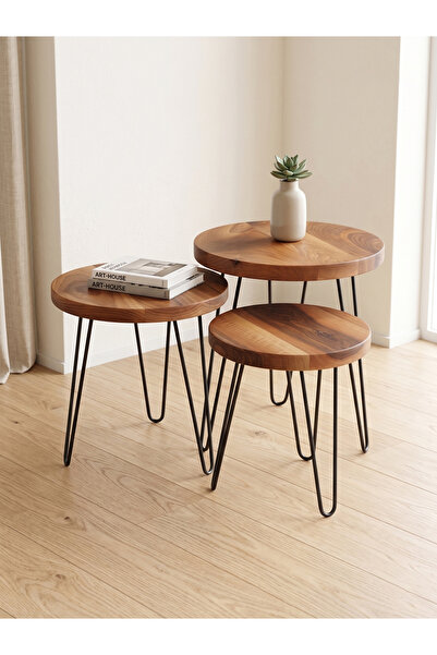 Pera-Home UK Masif Ceviz Oval Yan Sehpa - Firkete Metal Ayaklı Ahşap Zigon 3’...