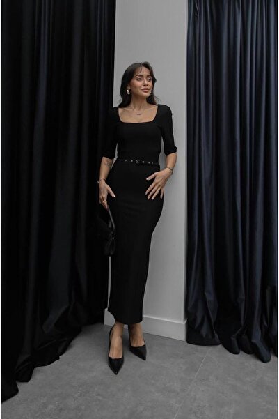 mafdress Kadın Kare Yaka Siyah Zara Model Kemerli Elbise