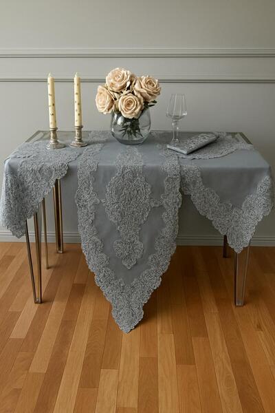 Ceki Home Σετ Ταπετσαρίας Σαλονιού, Γκρι Λινό, Γαλλική Δαντέλα, Προϊόντα Προί...