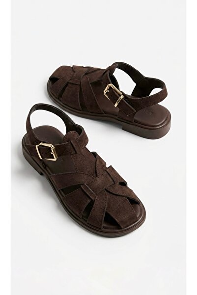 simplicity Γυναικεία πέδιλα καφέ σουέντ με δικτυωτό σχέδιο