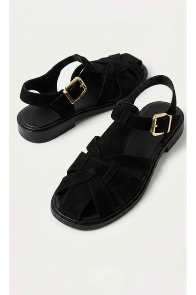 simplicity Γυναικεία μαύρα σουέτ πέδιλα με καφασωτό σχέδιο