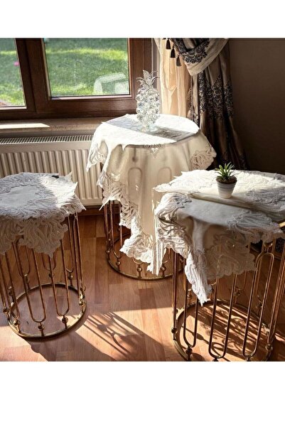 Ceki Home Σετ Σαλονιού με Ράνερ, Κρεμ Λινό, Γαλλική Δαντέλα, Προϊόντα Προίκας...