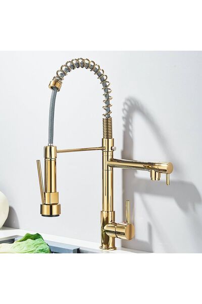 Flora GOLD Spiralli Çift Başlı Endüstriyel Lux Mutfak Musluk Evye Bataryası