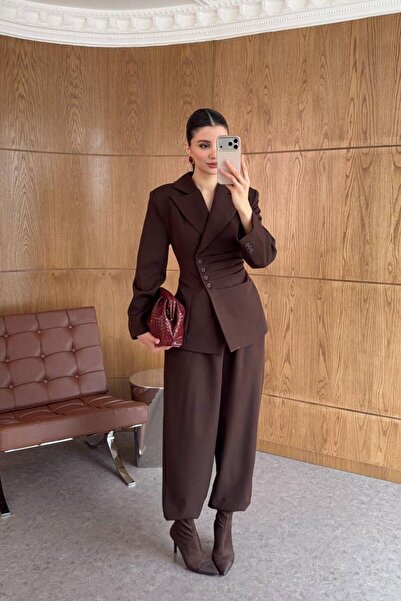 QETEENN Premium Tasarım Yan Düğme Detaylı Kruvaze Blazer Ceket Pantolon Takım