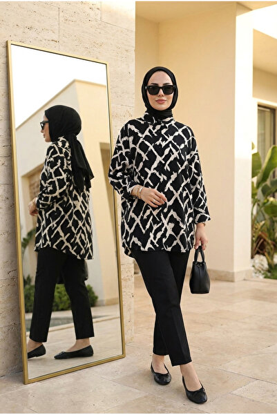 Kirazca Butik Γυναικείο άνετο τουνίκ με κουμπιά και σχέδιο αντίθεσης (Μπροστά...