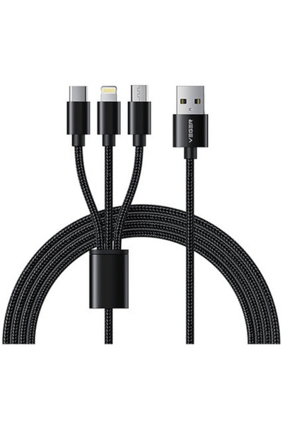 Veger V303 Πλεκτό Καλώδιο USB σε Lightning / Type-C / micro USB 2.4 A Μαύρο 1...