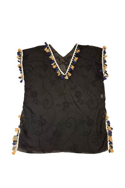 Glowzia Black Tassel Detailed Chiffon Beach Dress Pareo
