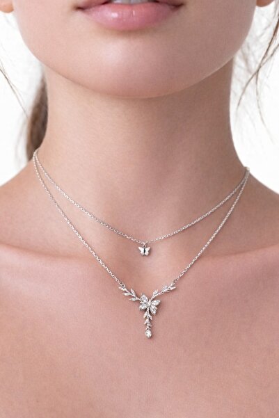 ATALYA ACCESSORY Çift Katlı Daldaki Zirkon Taşlı Renk Çelik Kolye – Minimal Ş...