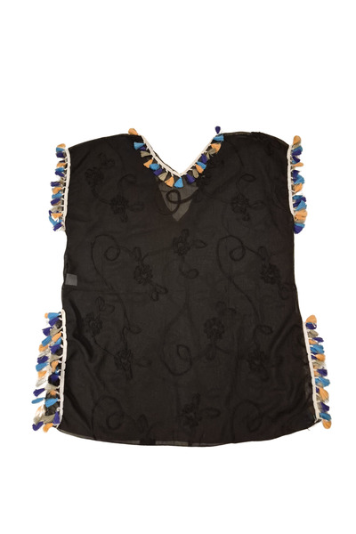 Glowzia Black Tassel Detailed Chiffon Beach Dress Pareo