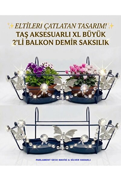 BGA Eltileri Çatlatan taş aksesuarlı XL Büyük Boy 2’li Balkon Demir saksı Sak...